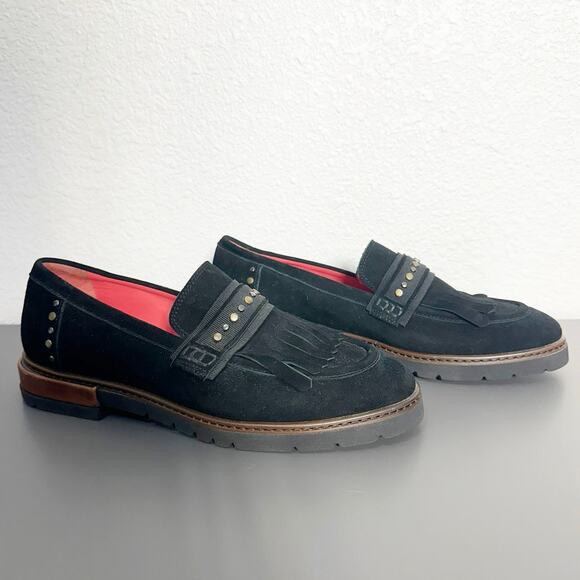 Pas de Rouge Womens Leather Fringe Lug Sole Studded Loafers Black Suede 38 / 7.5 - Picture 1 of 11